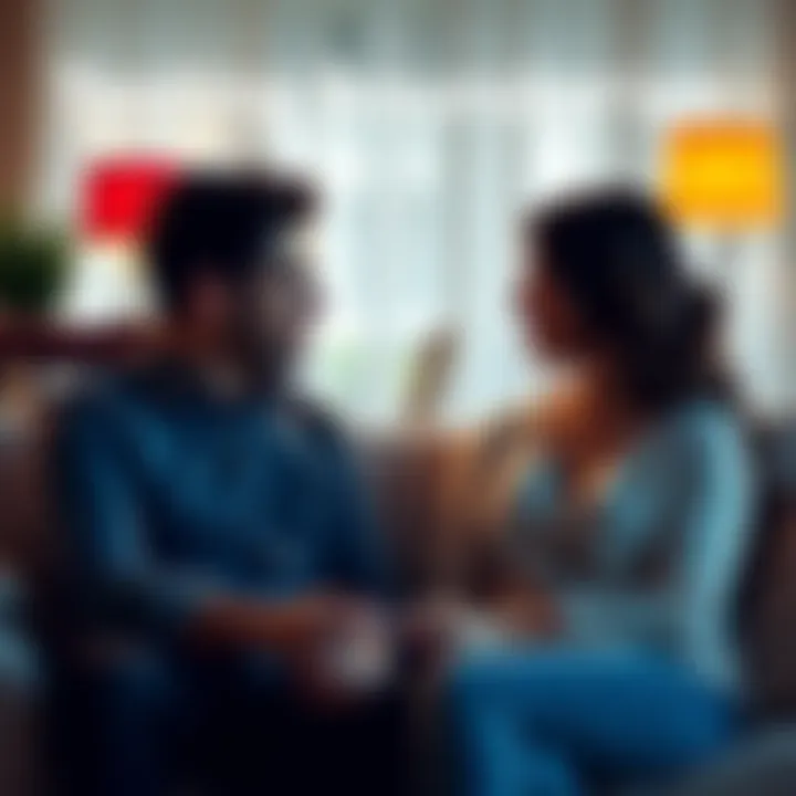 Couple sitting together A couple sitting close together on a couch, looking at each other with thoughtful expressions, illustrating relationship dynamics.