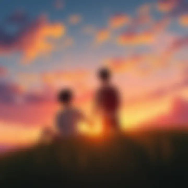 A young couple sitting on a grassy hilltop, holding hands and watching a vibrant sunset, symbolizing love after graduation