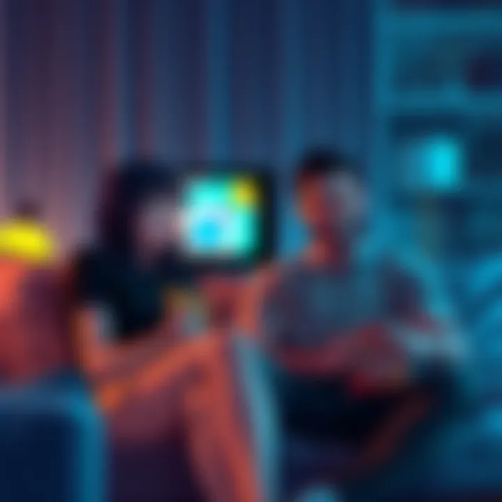 A woman enthusiastically shows anime to her skeptical husband while sitting on the couch with snacks, engaging in conversation about the genre.