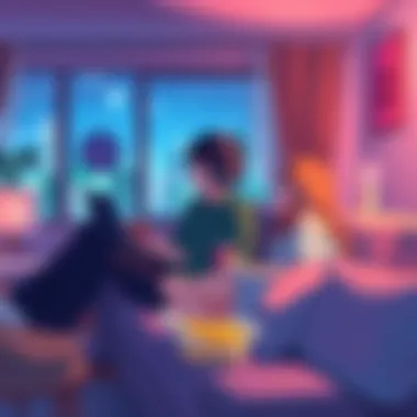 A couple sitting on a couch, enjoying anime with snacks and a cozy atmosphere.