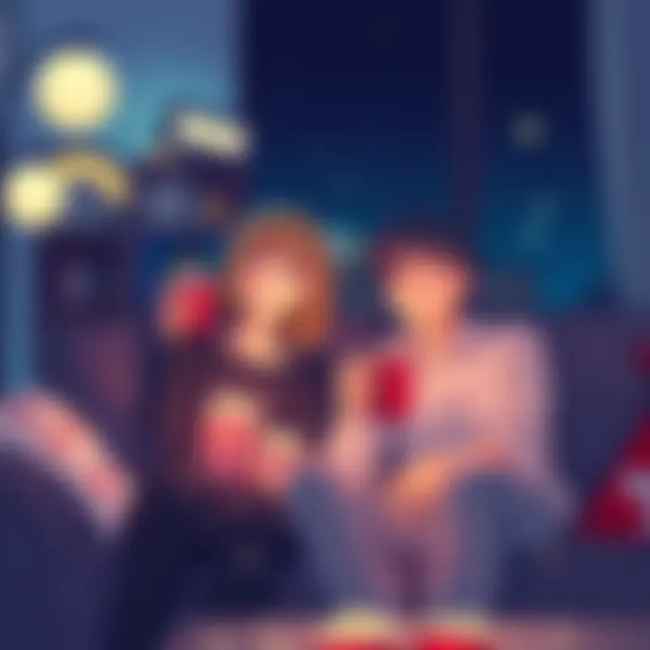 A couple sitting on a couch, enjoying anime films together with popcorn and drinks