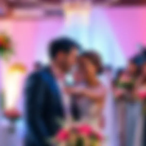 A joyful couple smiles at each other during their wedding ceremony, surrounded by flowers and friends.