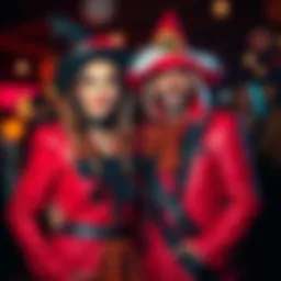 A couple dressed in matching creative Halloween costumes, showcasing unique themes and styles, smiling at a Halloween party.