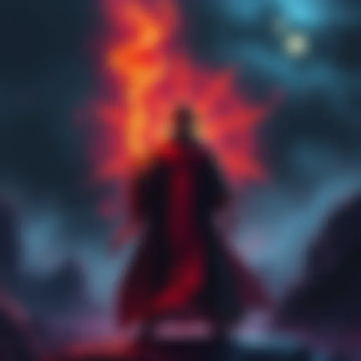 The banished court magician stands ready to confront new challenges, with a magical aura surrounding him amid a dark, mystical landscape.