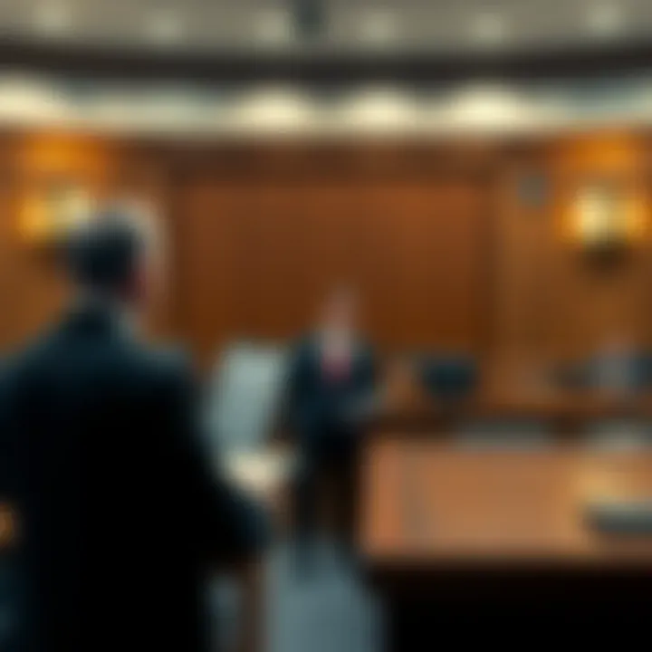 A lawyer presents arguments in a courtroom while the judge and jury observe attentively.
