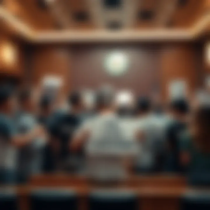 Courtroom scene with fans supporting A group of fans holding signs and wearing shirts supporting their favorite public figure in a courtroom setting