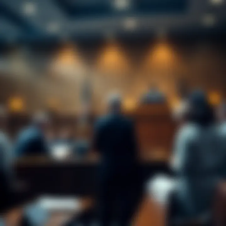 Courtroom Power Dynamics A judge, lawyer, and jury members interacting in a courtroom setting to show power dynamics.