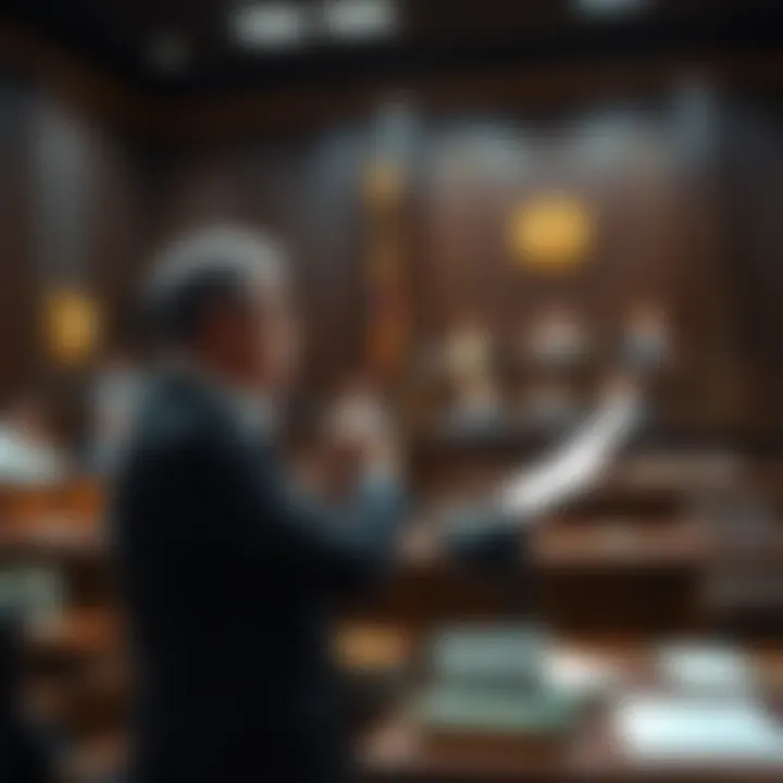 Courtroom Scene with Lawyer A lawyer presenting a case in a courtroom, surrounded by legal documents and a judge's bench in the background.