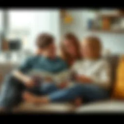 Two cousins sitting on a couch, sharing laughs and memories while looking at old family photos.
