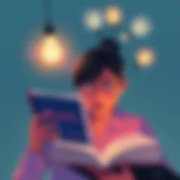 A person reading a book titled Dang, surprised by its content, with lightbulbs above their head representing new ideas.