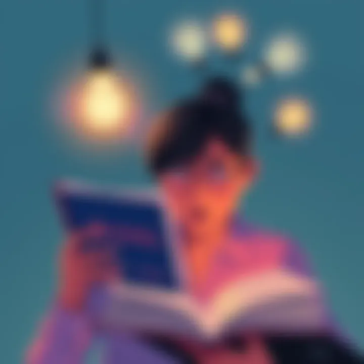 A person reading a book titled Dang, surprised by its content, with lightbulbs above their head representing new ideas.