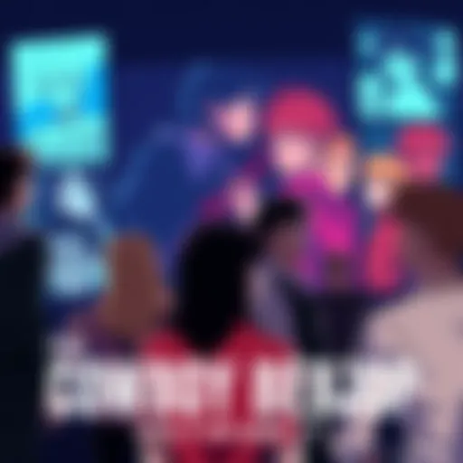 Group of people discussing Cowboy Bebop's ending with images of characters in the background