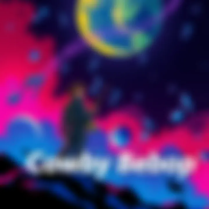 A scene featuring a cowboy in space, with vibrant colors representing bebop music notes and themes, symbolizing the blend of genres in Cowboy Bebop.