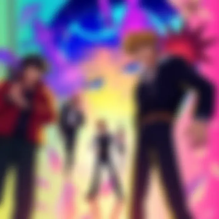 Art featuring characters from Cowboy Bebop with a vibrant background and elements representing Jujutsu Kaisen's Gojo.