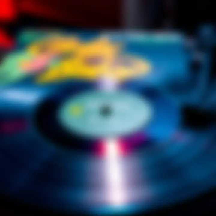 A close-up of the Cowboy Bebop original soundtrack vinyl LP on a turntable, showcasing the colorful cover art and the record itself.