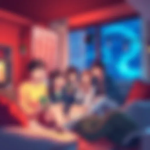 Cozy anime scene with friends A group of friends joyfully watching anime together with snacks in a warm living room setting