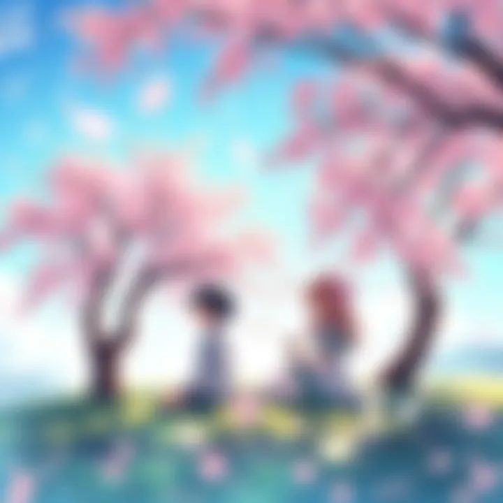 A serene anime landscape with soft colors, featuring characters enjoying a peaceful moment under cherry blossom trees with gentle music notes floating around.
