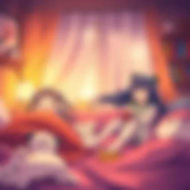A warm scene featuring joyful anime characters surrounded by soft blankets and snacks, evoking a feeling of childhood comfort and nostalgia.