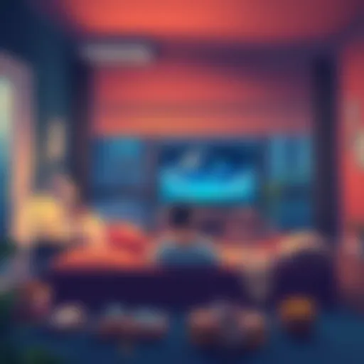 A warm living room with a person relaxing on a couch, watching anime on a TV, surrounded by snacks and soft lighting.