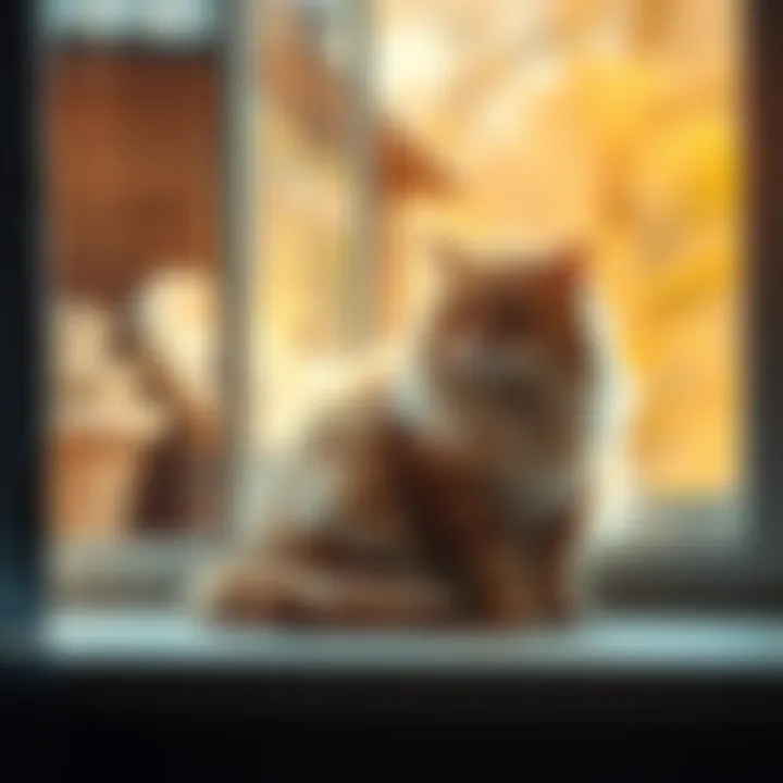 A fluffy cat sitting comfortably on a windowsill, basking in sunlight, showcasing its relaxation and charm.