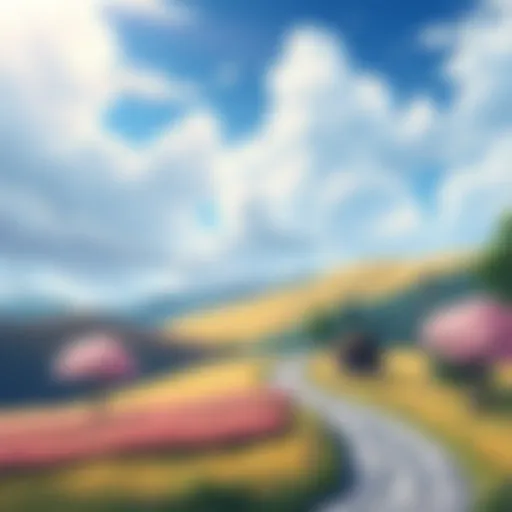 Cozy Countryside Anime A peaceful countryside setting with rolling hills, a small house, and cherry blossom trees in bloom, reflecting the warmth of cozy anime vibes.