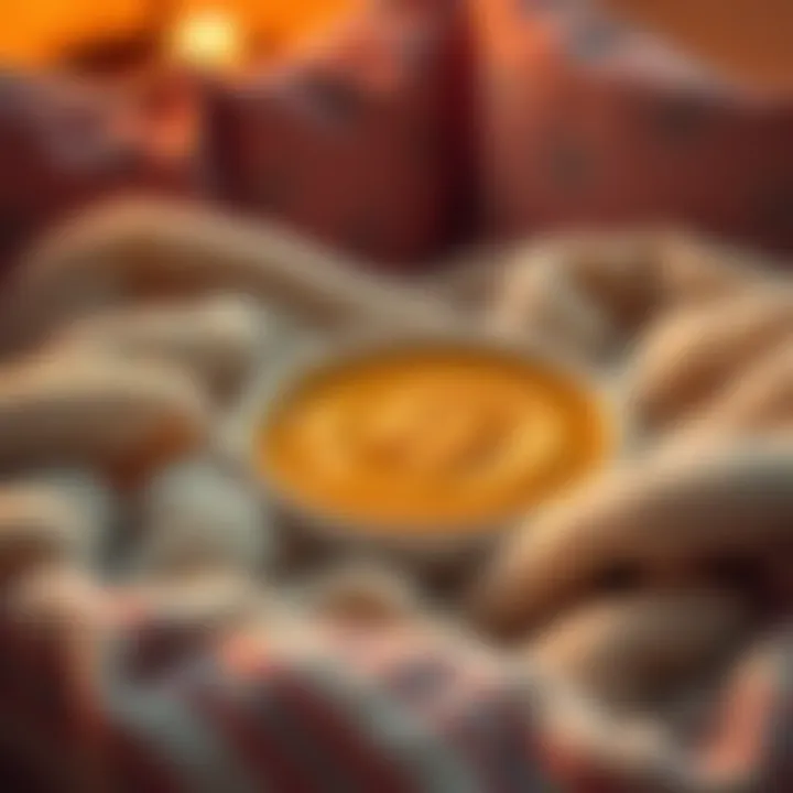 A warm bowl of comforting sauce with soft blankets and a cozy setting, representing warmth and tranquility.