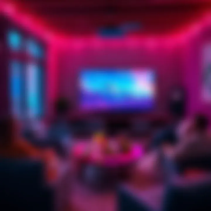 A cozy living room with a large screen, snacks on a table, and friends gathered together for a movie night.