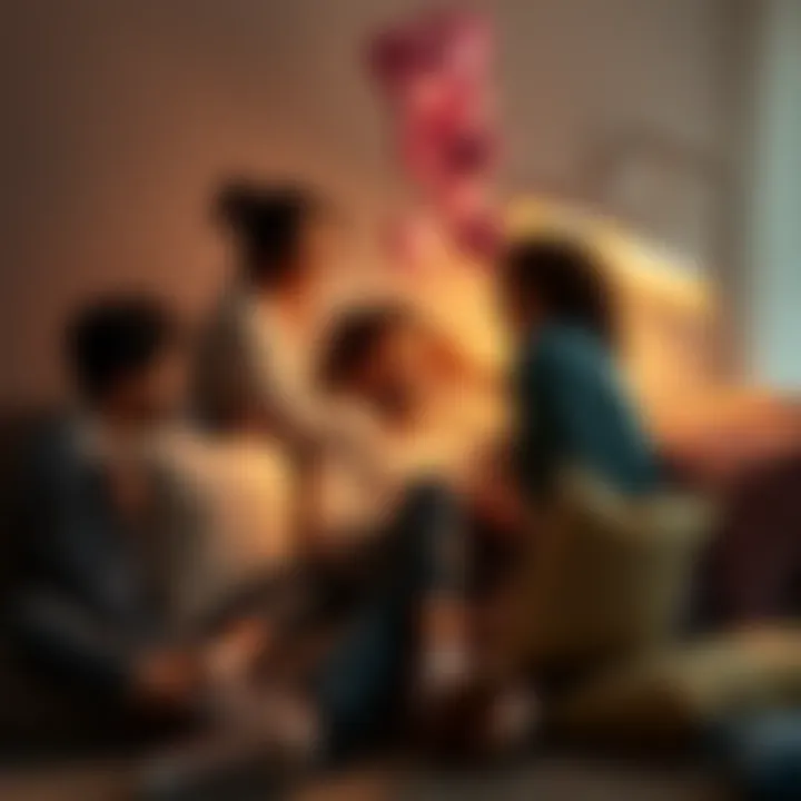 A cozy scene of a person receiving affection A person sitting comfortably on a couch, surrounded by pillows, as friends shower them with compliments and hugs, expressing love and validation.