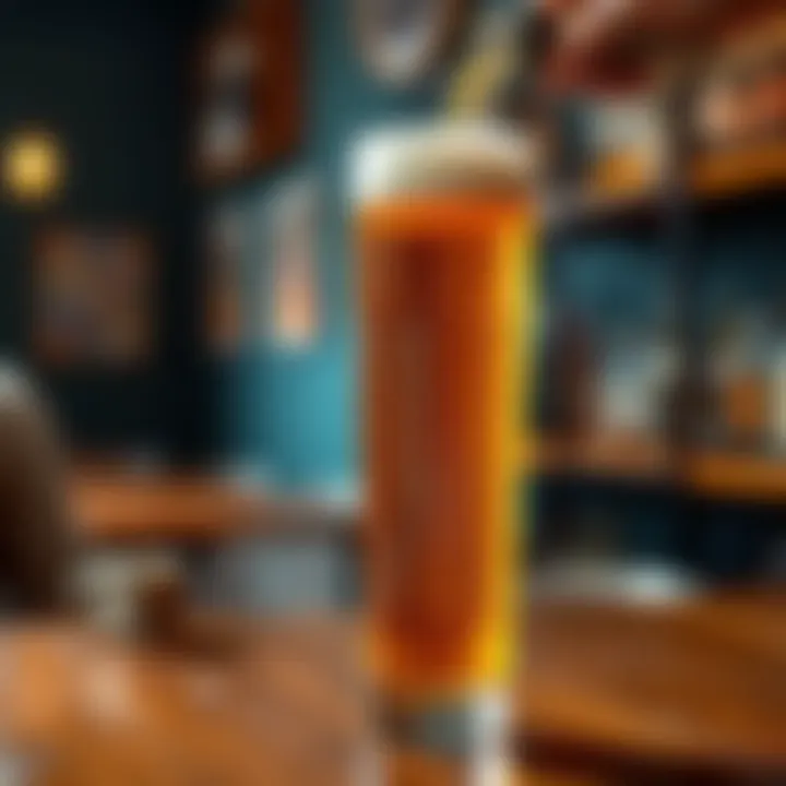 A tall glass being filled with a golden craft beer with a frothy head, set on a wooden table