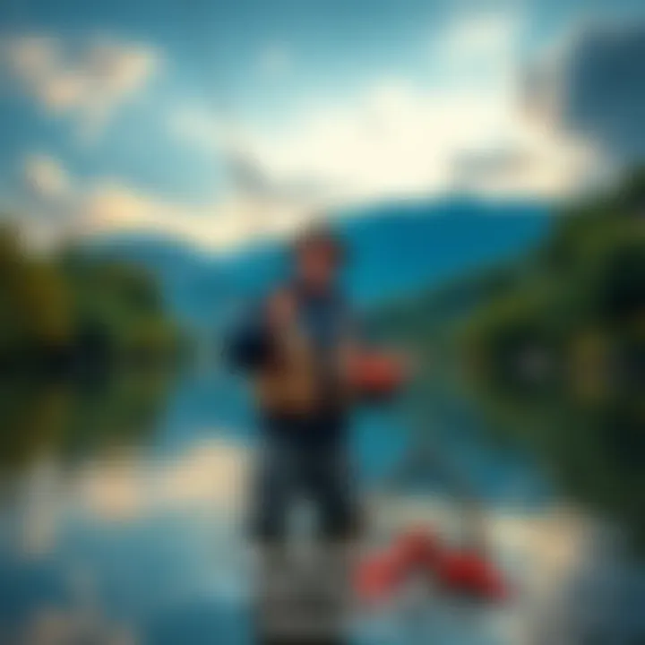 A person stands by the Sanzu River, holding a net and catching crayfish in a scenic riverside setting.