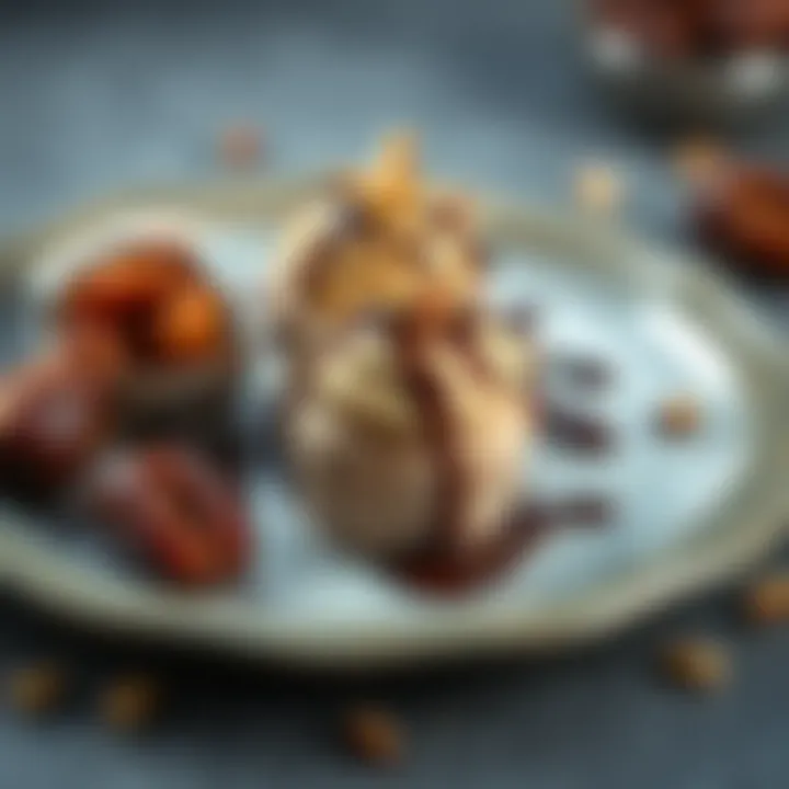 A plate of creamy date desserts topped with nuts and drizzled with chocolate