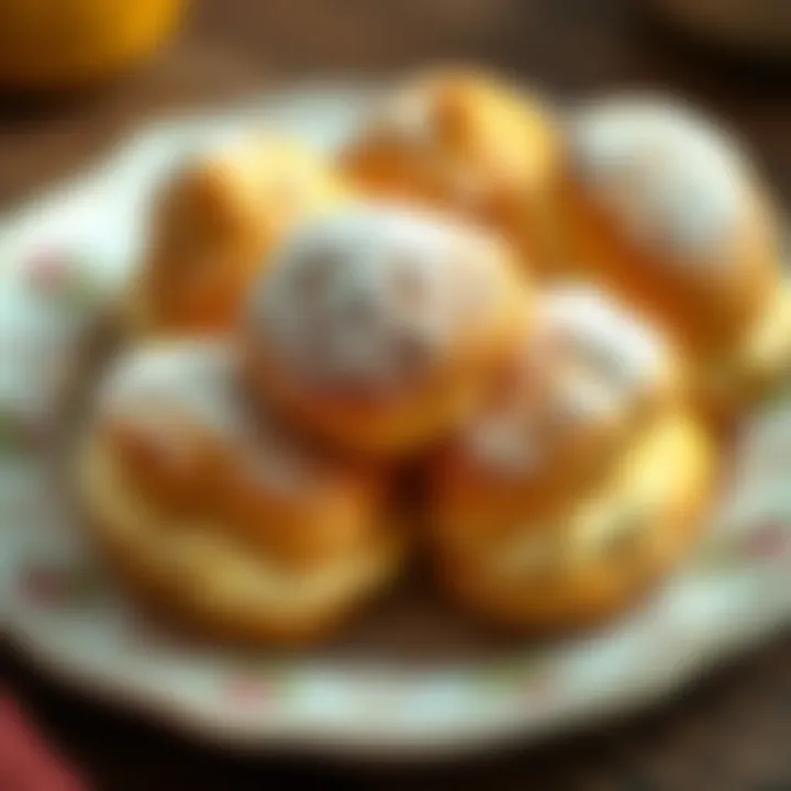 A close-up of golden cream puffs filled with cream on a decorative plate, served with powdered sugar on top.