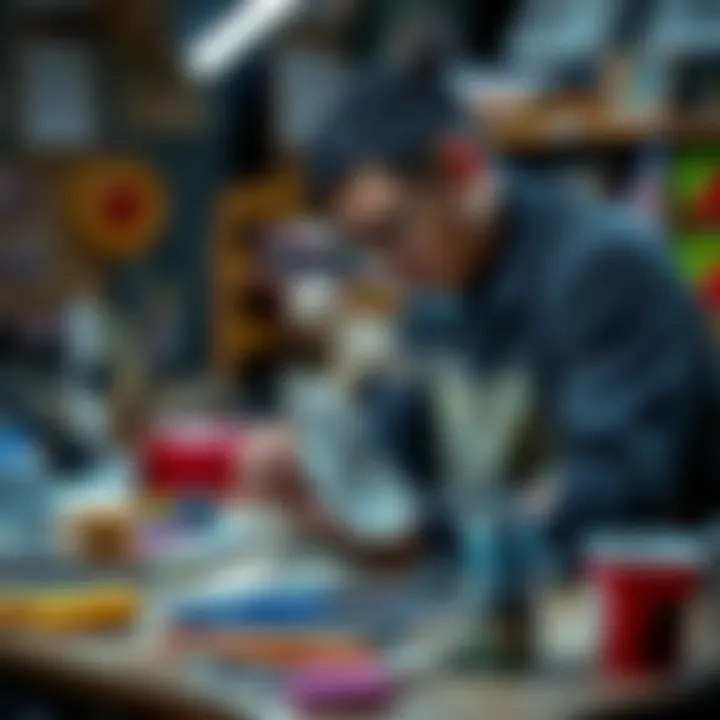 An artist sculpting a Reine resin figure with tools and materials on a workspace