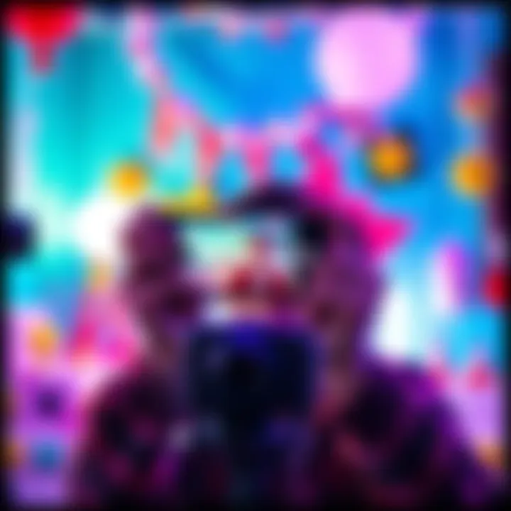 A person filming a fun TikTok video with a smartphone, surrounded by bright props and decorations.