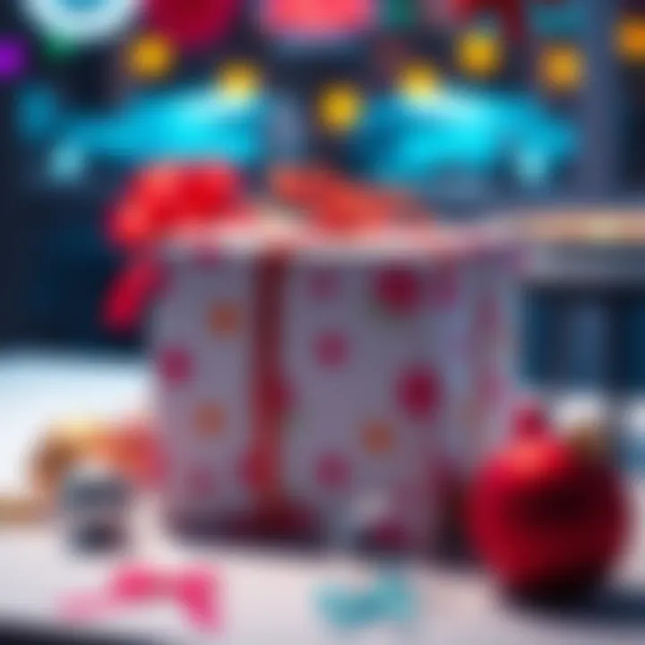 A beautifully wrapped gift with a unique design, placed on a table surrounded by colorful decorations, symbolizing thoughtfulness and creativity.