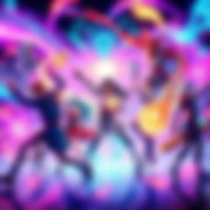Creative Nen Abilities A colorful display of unique Nen abilities with vibrant energy shapes and characters showcasing their powers