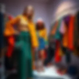 A model showing various outfit options while standing beside a clothing rack filled with colorful garments and accessories.