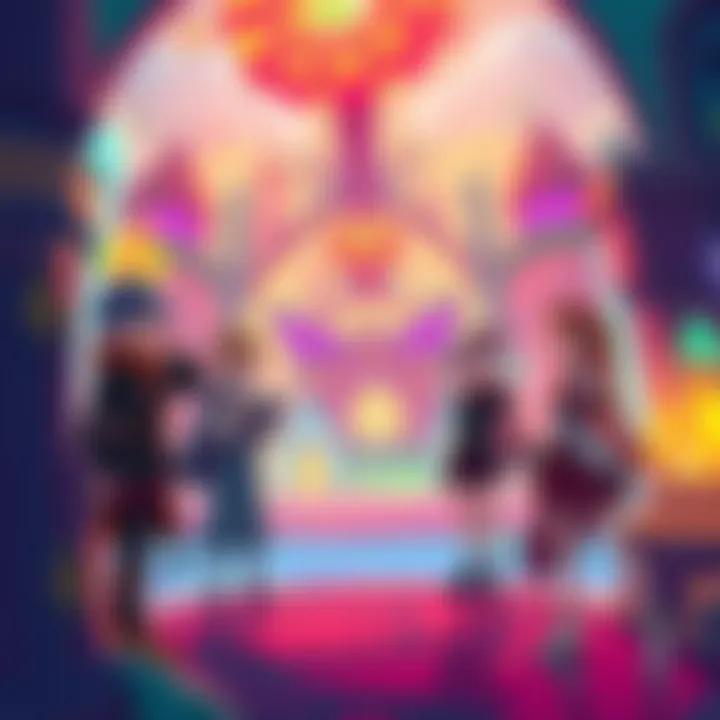 A group of original characters in a colorful RWBY-inspired setting, showcasing unique designs and world elements, engaging with each other in a lively environment.