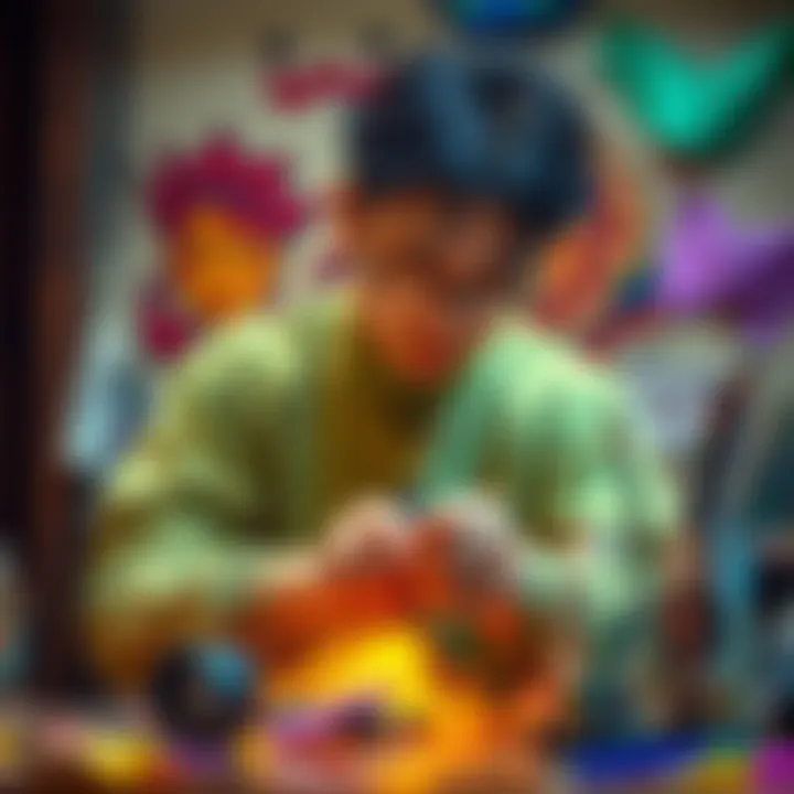 Shinji creating artwork from ordinary materials, showcasing vibrant colors and unique techniques