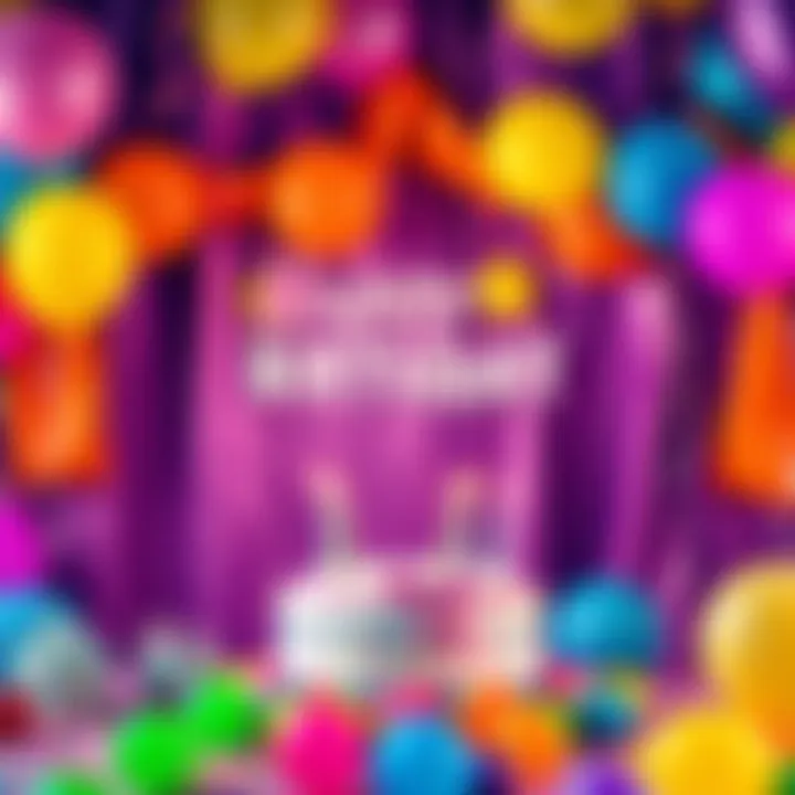 A colorful birthday celebration scene with balloons, a cake, and party decorations