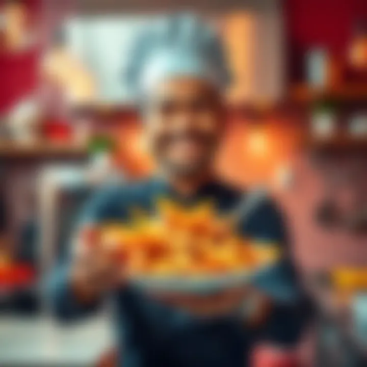 Creative Cook with Fries A joyful cook holding a plate of homemade fries, smiling with a playful expression in a lively kitchen setting.