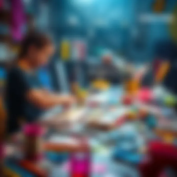 A person working on a crafting table with colorful materials and tools, showcasing their unique art project.
