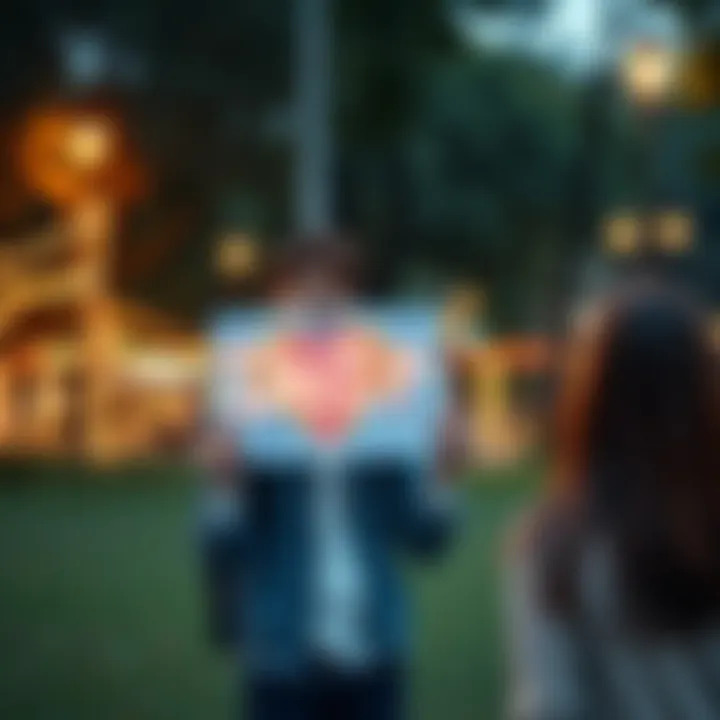 A person holding a colorful sign that says 'Date?' in a park, smiling at another person