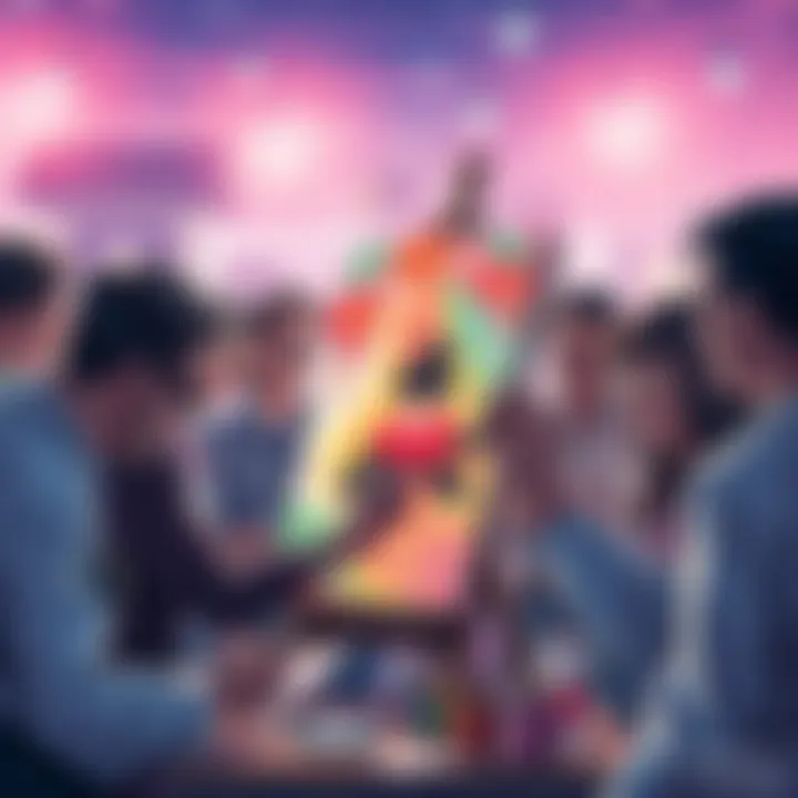An artist creating a colorful artwork dedicated to Momoi with brushes and paint, surrounded by enthusiastic people sharing their ideas.