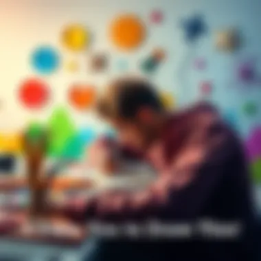 A person sketching an imaginative scene with colorful art supplies spread out, showcasing their creativity.