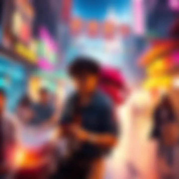 A colorful scene from the Entertainment District Arc showing vibrant visuals and dynamic characters, showcasing the unique editing style.