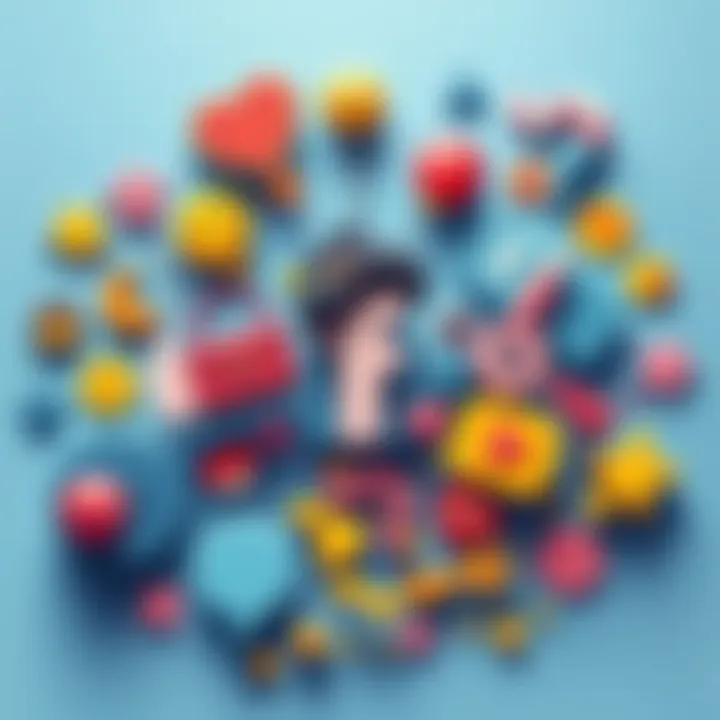 A vibrant illustration showcasing various quirky profile decorations for Facebook, including fun icons and colorful elements, capturing creativity and engagement.