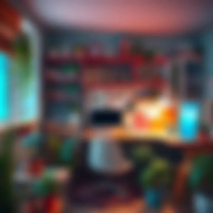 A colorful home workspace filled with plants, art supplies, and inspiring decor, showcasing creativity and personality.