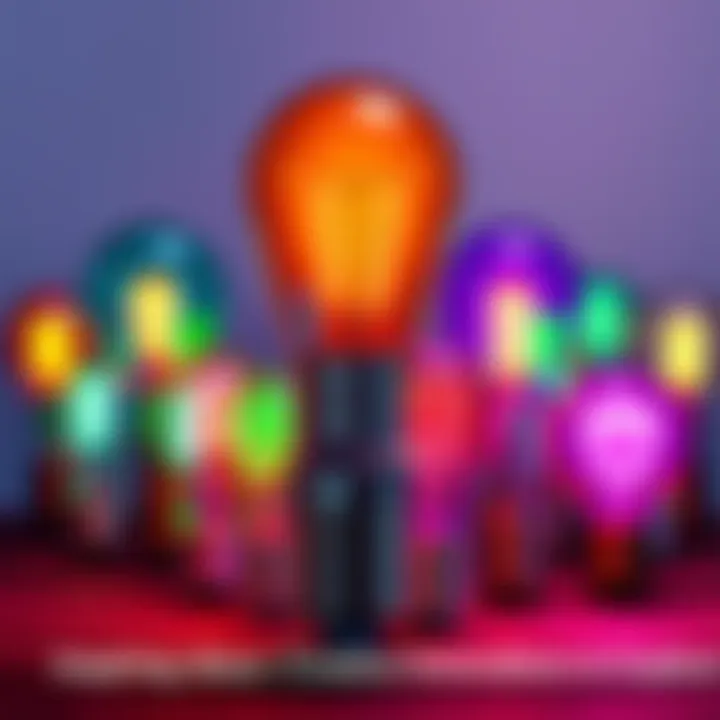 A collection of colorful light bulbs of various shapes, symbolizing innovative and creative ideas, arranged on a wooden table