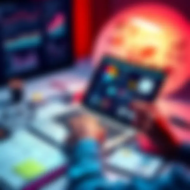 Creative ideas with Genial A person brainstorming creative ideas using a digital platform on a laptop, surrounded by colorful notes and sketches